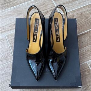 Petar Petrov Black Patent Leather Pointed-Toe Slingback Pumps